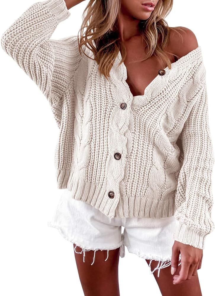 LAICIGO Women’s Button Down Cardigan Sweaters Open Front Cable Knit Off Shoulder Long Sleeve Ba... | Amazon (US)