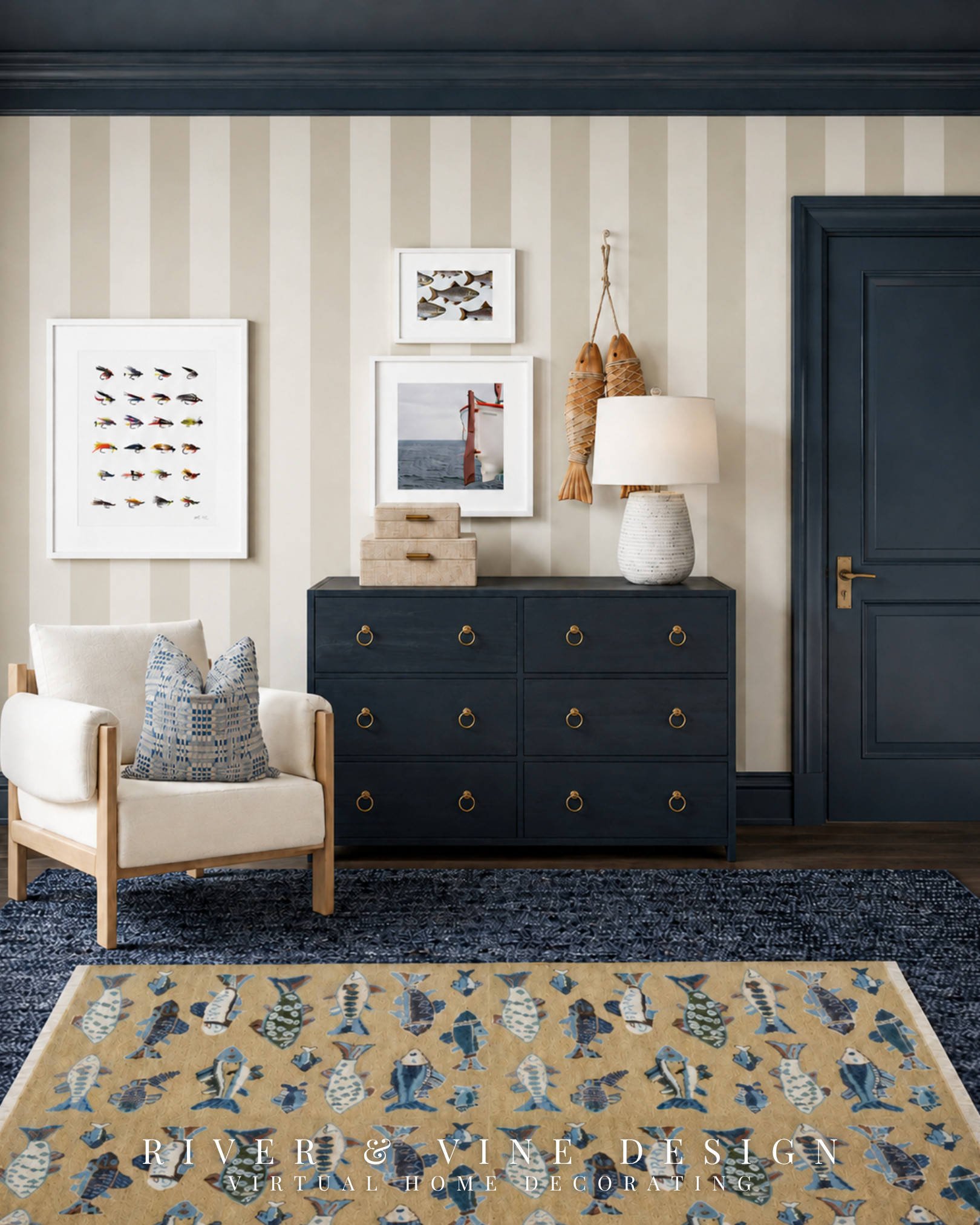 The easiest way to make a coastal bedroom feel collected is to coordinate the furniture—not match it.

The navy dresser connects to the ceiling, trim, and door, while the lighter wood chair and cream lamp keep this side of the room from becoming too dark. Brass hardware repeats throughout, giving the different finishes a common thread. The coastal artwork and sculptural wall decor bring in personality without overwhelming the room.

That balance is what allows individually chosen pieces to feel like they belong together. If you want the collected look without second-guessing every combination, find the furniture, artwork, lighting, and decorative accents from this room below.

collected coastal bedroom, navy bedroom dresser, coastal bedroom furniture, blue and cream bedroom, coastal wall art, bedroom accent chair, classic coastal decor, navy and brass furniture

I may receive a commission from purchases made through my links.
 

 #LTKHome #LTKKids
