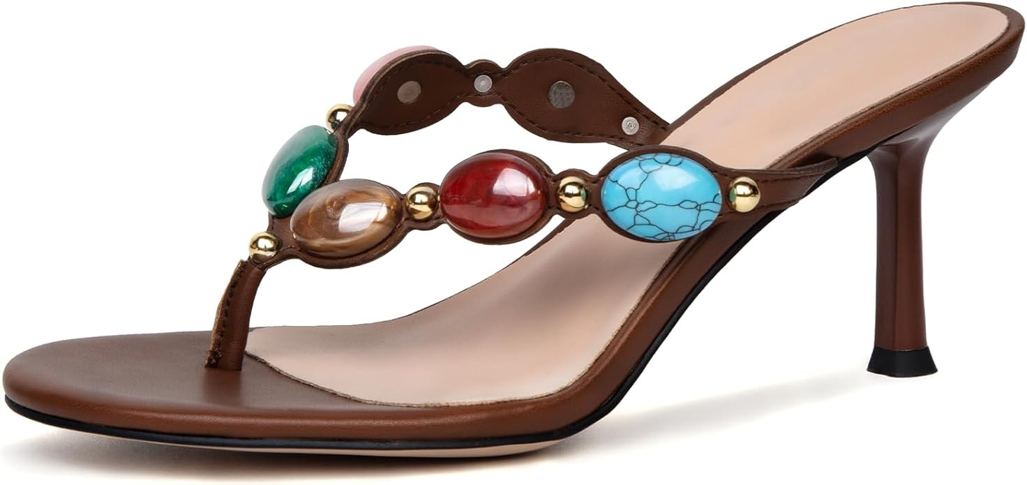 Jeweled Thong Heeld Sandals for Women Kitten Heel Round Open Toe Flip Flops Fashion Summer Beach ... | Amazon (US)