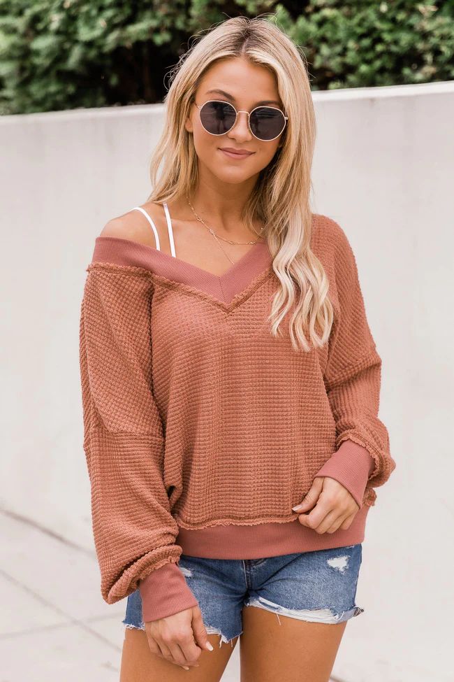 Outstanding Memory Rust V-Neck Waffle Knit Pullover | The Pink Lily Boutique