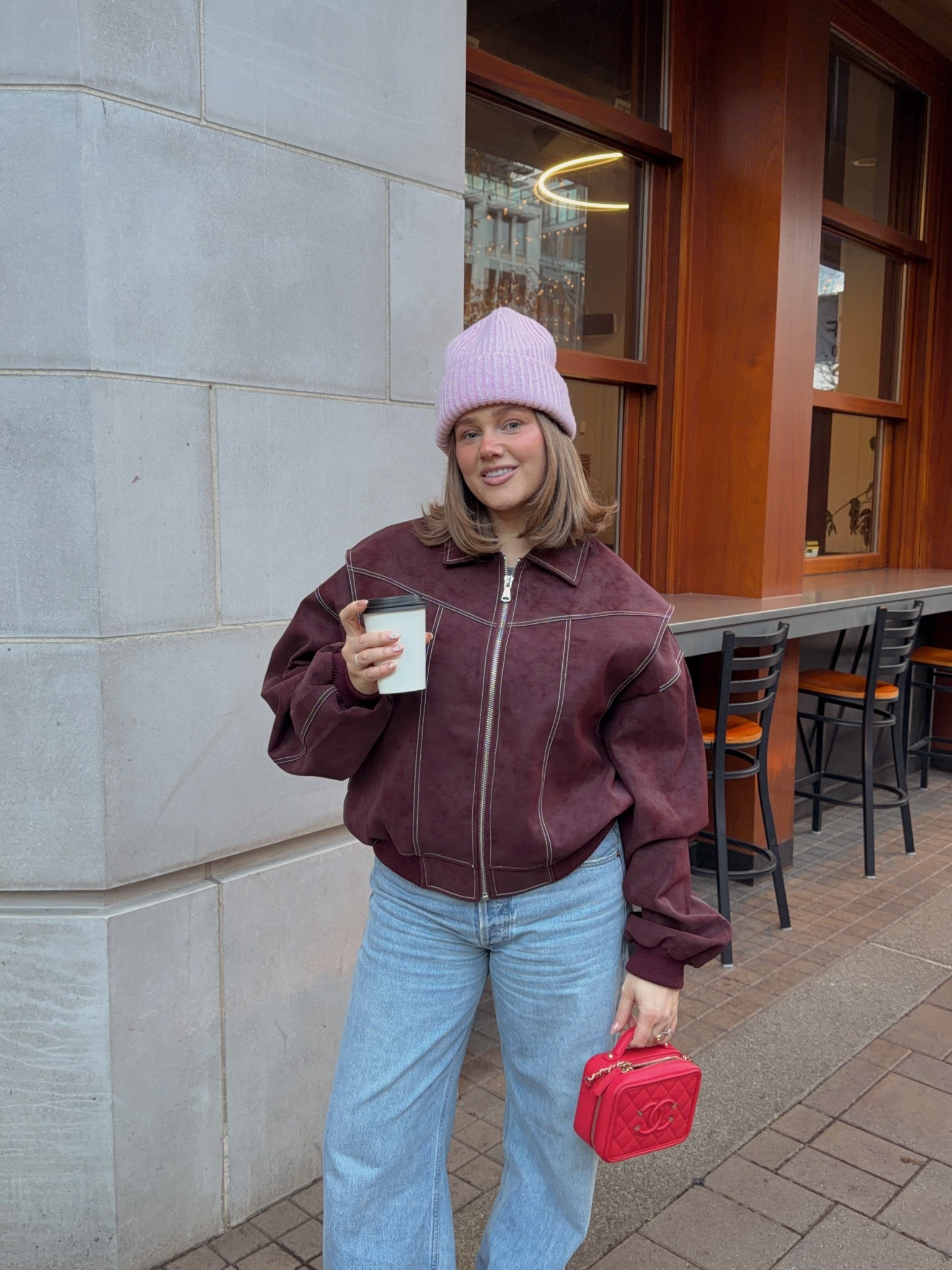 Jacket size M honestly a small would fit better it runs soo big definitely size down!! Love the color and weight of it. Beanie is from ganni three years ago they still sell it I love the thickness so cozy. Bag is borrowed from Vivrelle! 



#LTKHoliday #LTKootd