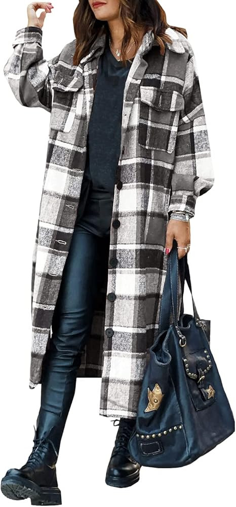 SKIKYAN Women Fall Flannel Plaid Shacket Jacket Oversized Button Down Long Shirt Jacket | Amazon (US)