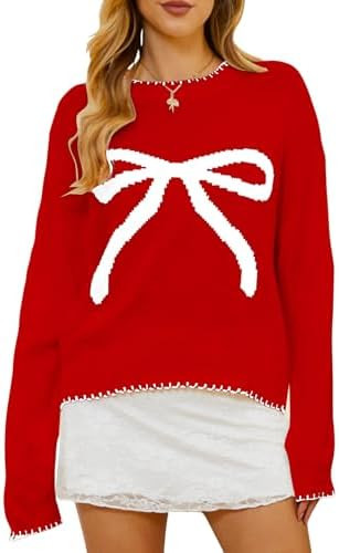 Milumia Women's Bow Print Drop Shoulder Long Sleeve Sweater Crew Neck Knit Fall Tops | Amazon (US)