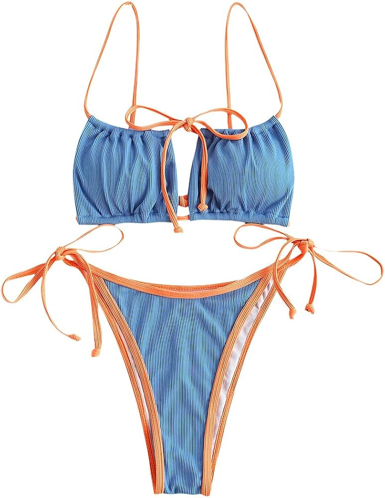 ZAFUL Women's Tie Cutout Keyhole Cami String Bikini Set Two Piece Swimsuit | Amazon (US)