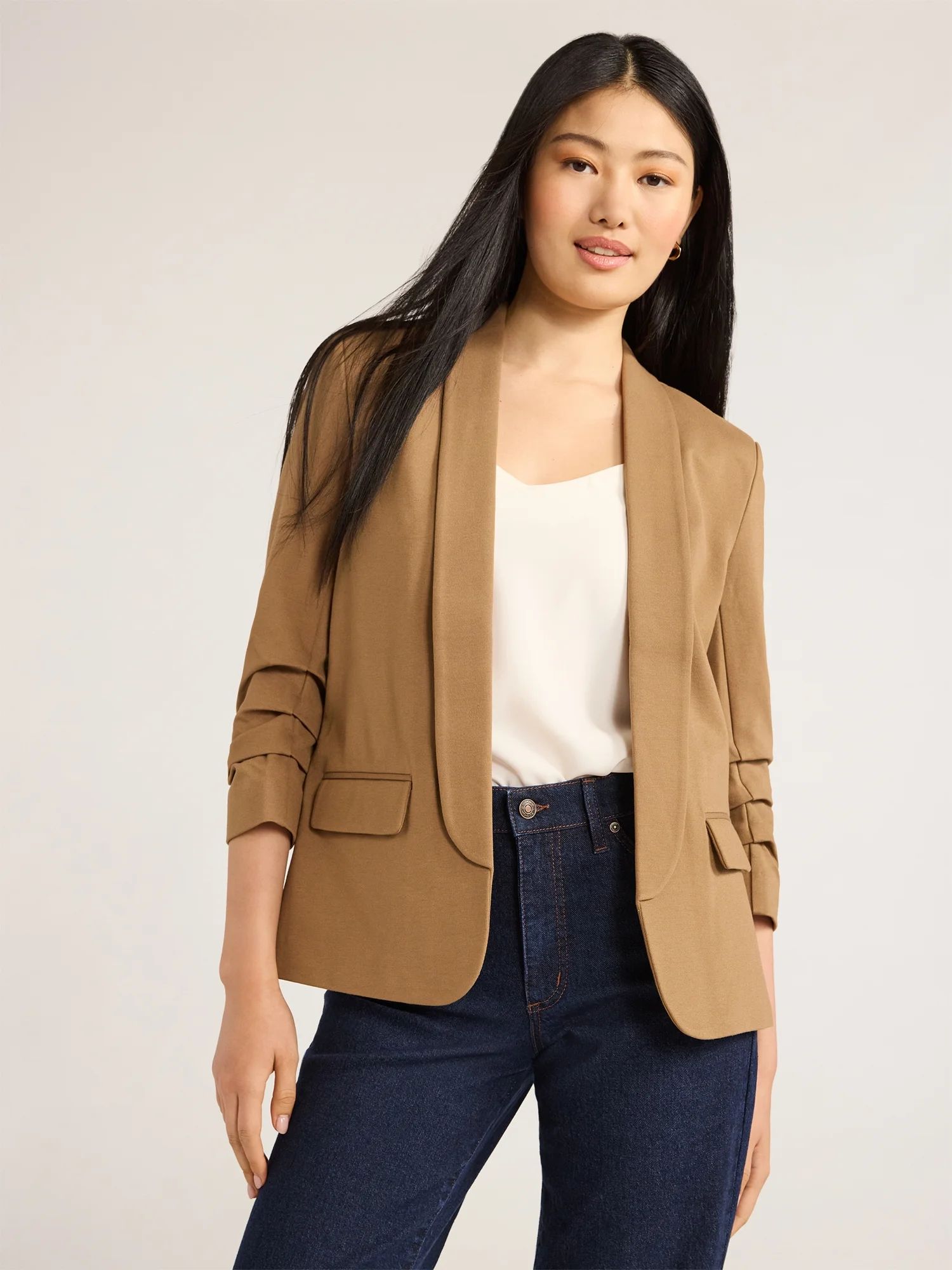 Scoop Women's Scrunch Sleeve Ponte Blazer with Shawl Collar, Sizes XS-XXL | Walmart (US)