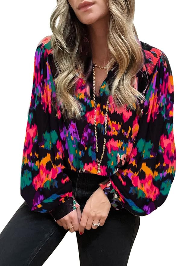 FARYSAYS Women's Casual Boho Abstract Print V Neck Lantern Long Sleeve Tops Loose Blouses Shirts | Amazon (US)