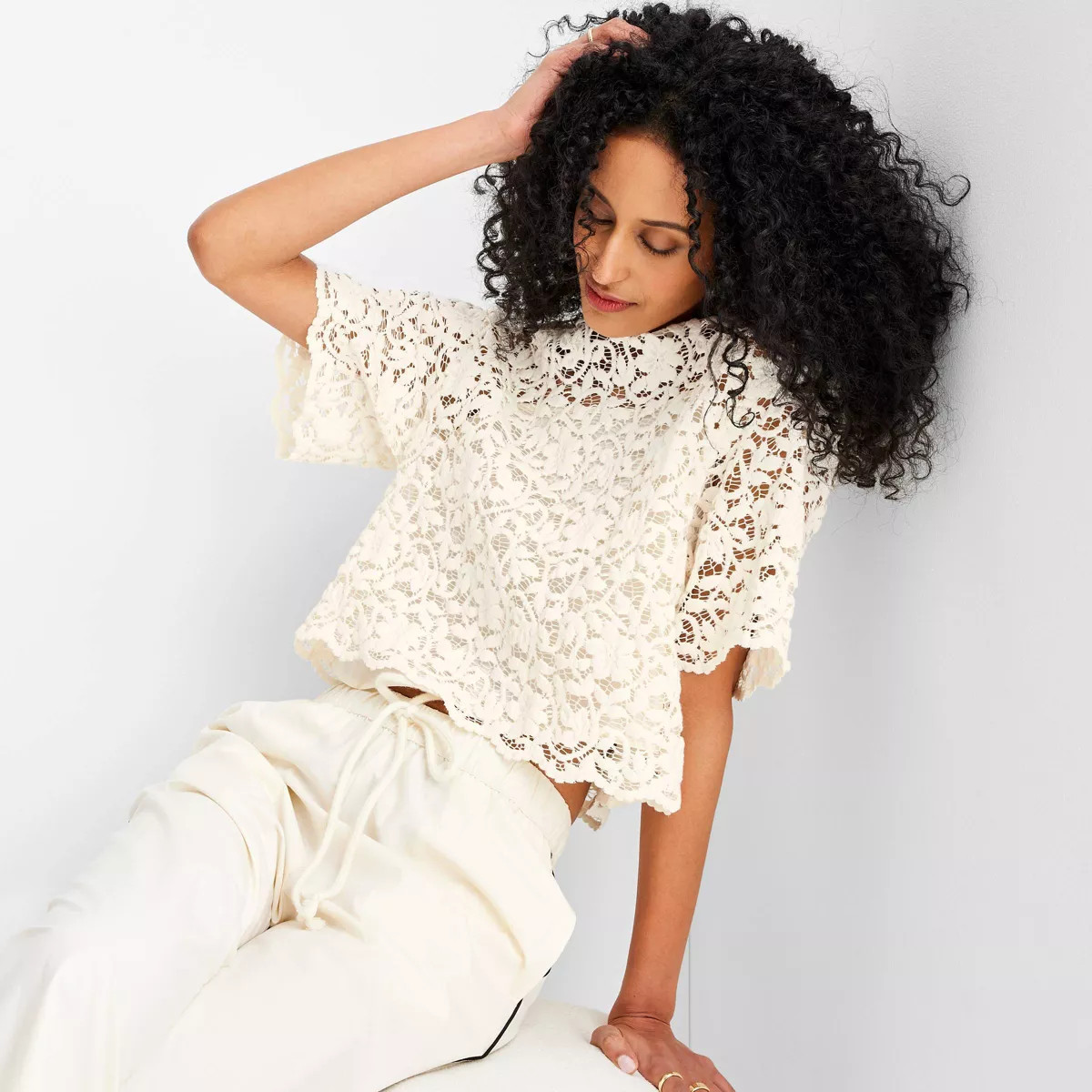 Women's Short Sleeve Lace T-Shirt - Future Collective Cream | Target