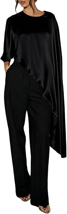 Women Asymmetrical Hem Satin Silky Shawl Wraps Elegant Round Neck Dressy Cape Poncho Top Flowy Lo... | Amazon (US)