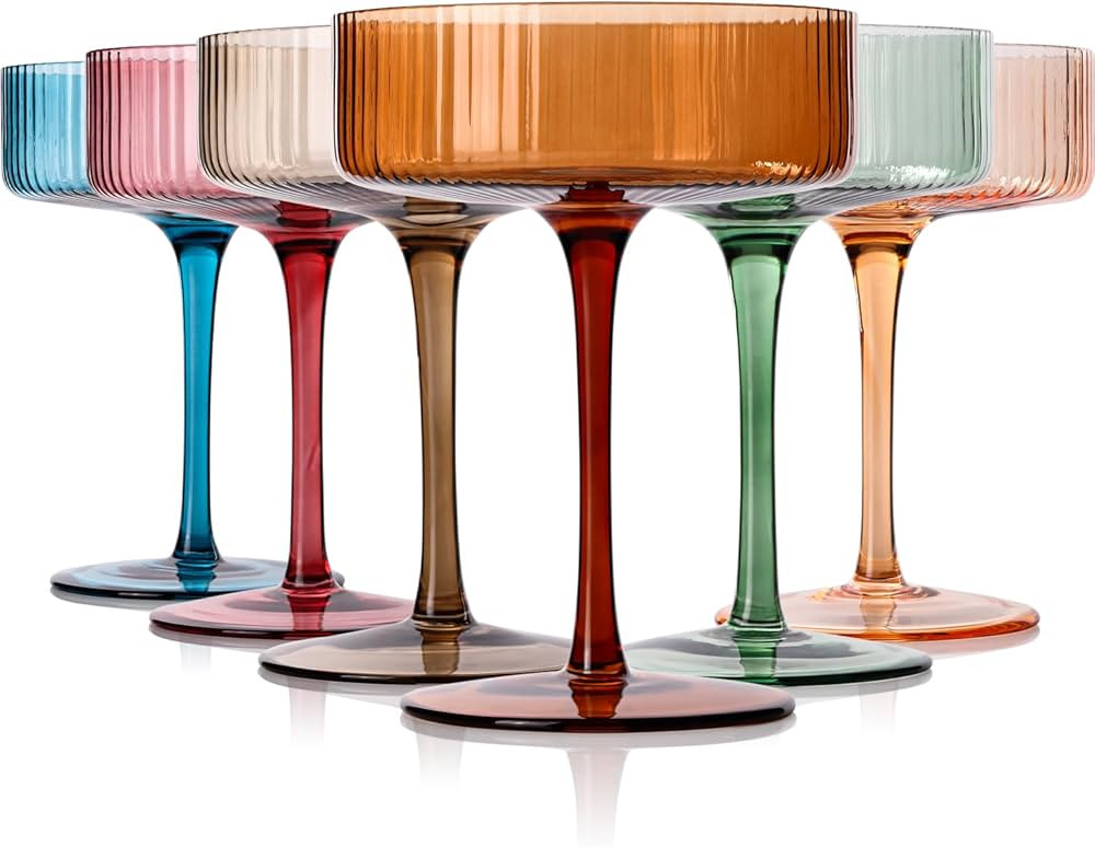 Colored Vintage Art Deco Coupe Glasses Set of 6 |Ribbed 9 oz Christmas martini Glasses |Colorful ... | Amazon (US)