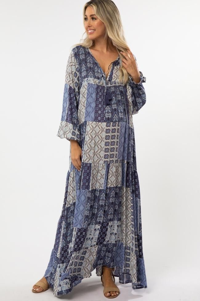 Navy Blue Paisley Print Peasant Maternity Maxi Dress | PinkBlush Maternity