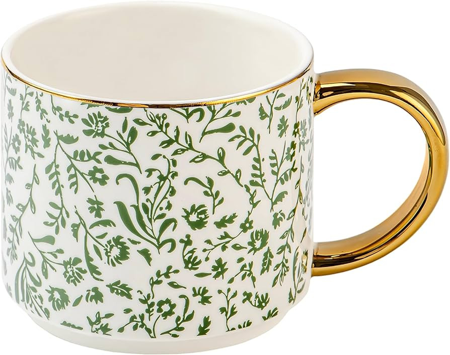 Sweet Water Decor Green Ditsy Coffee Mug, Vintage Green Floral Design with Gold Handle & Rim, 14o... | Amazon (US)