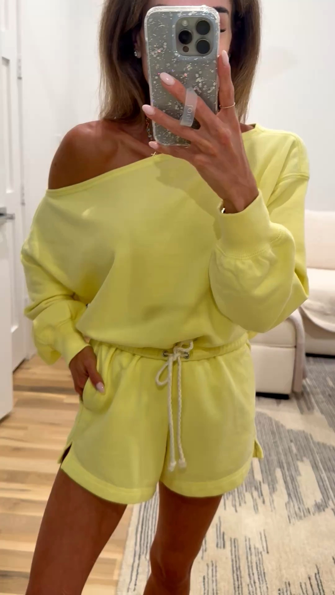 Last day to grab this adorable matching yellow shorts and off shoulder set on sale! Wearing xxs 
Code SHORTSAF

#LTKPetite #LTKSaleAlert #LTKootd