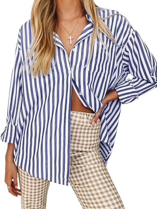 thefabland Women's Blouses Striped Long Sleeve Shirts Button Down Loose Fit Casual Tops | Amazon (US)