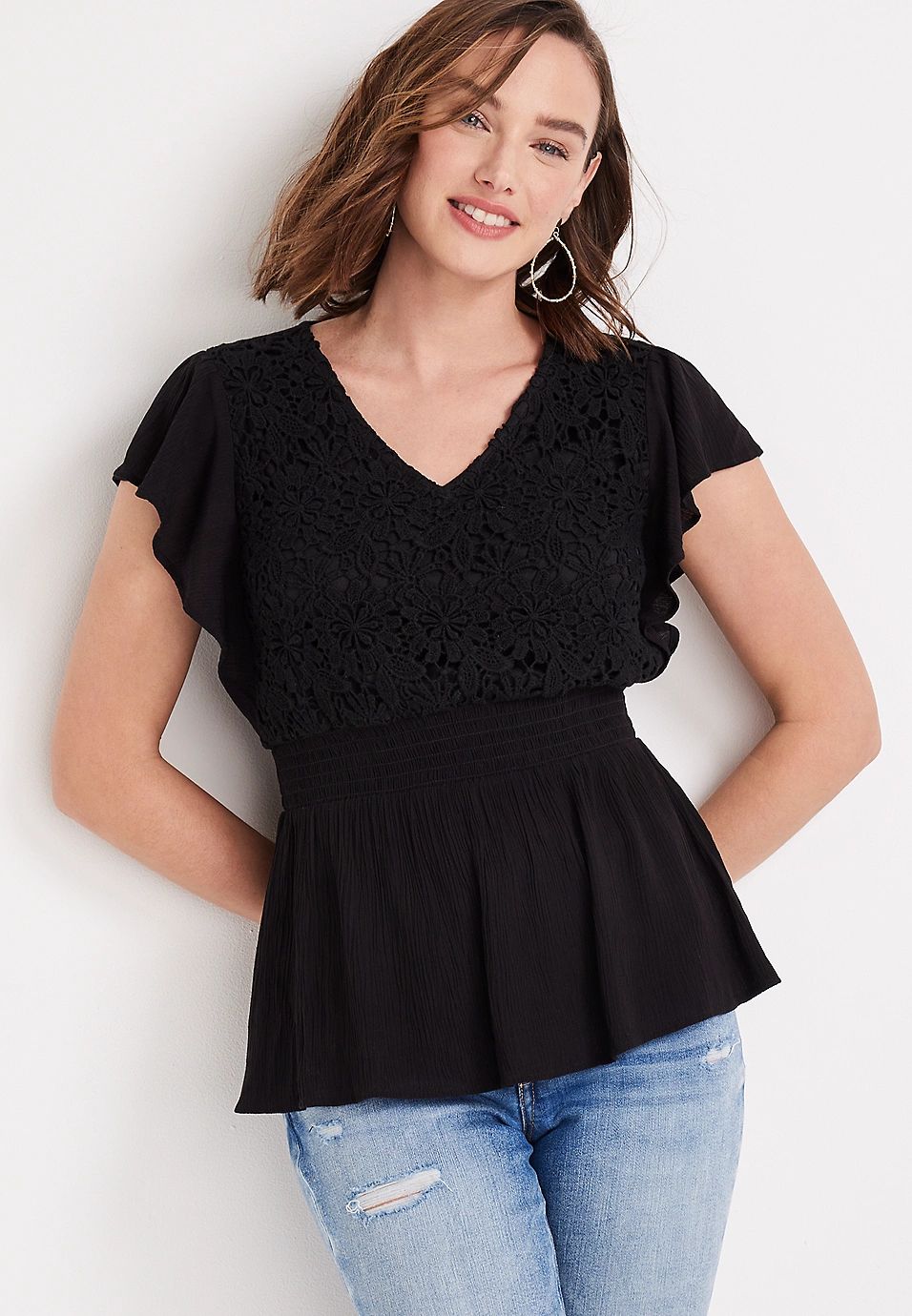 Vistas Solid Lace Peplum Top | Maurices