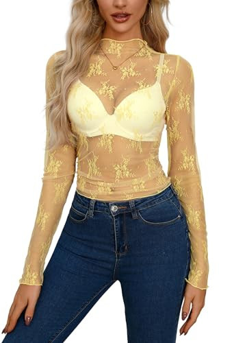 AISEW Womens Mesh Sheer Lace Long Sleeve Mock Neck Crop Tops Sexy See Through Tee Shirts Floral Y2K Layering Top Blouses (Yellow, 7009S) | Amazon (US)