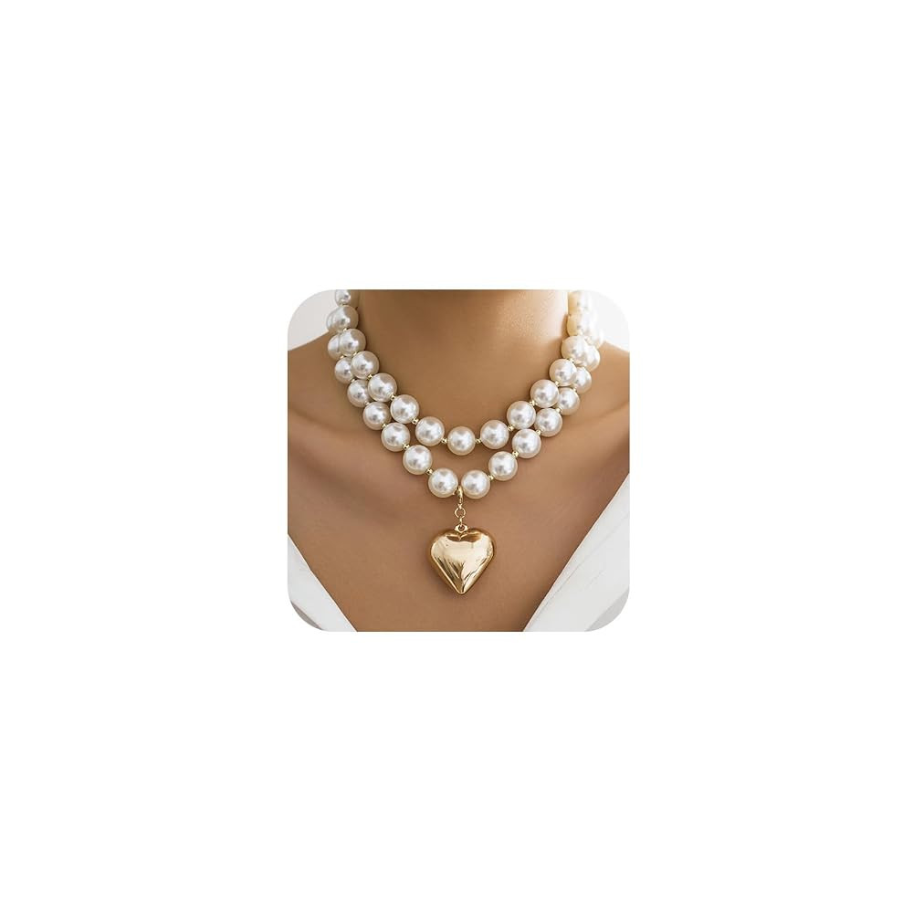 Chunky Pearls Gold Heart Pendant Necklace Y2K Pearls Beaded Layered Heart Choker Necklace for Wom... | Amazon (US)