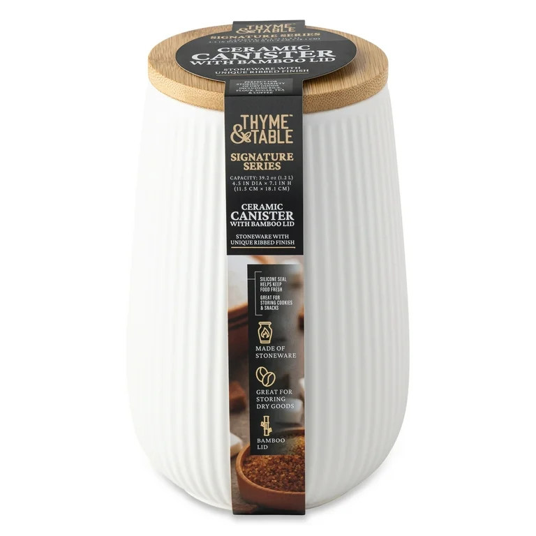 Thyme & Table Large (1.2 L) Ceramic Ribbed Kitchen Organization Canister with Bamboo Lid, White | Walmart (US)