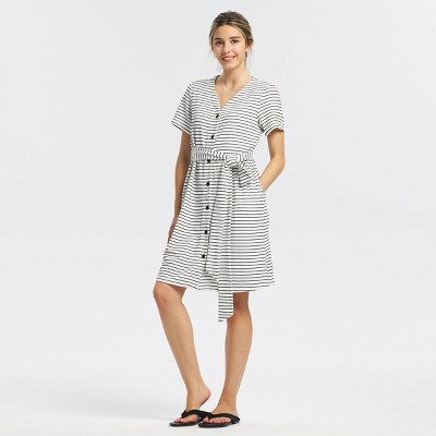 Women's Short Sleeve Belted Button-Down Shirtdress - Universal Thread™ Navy Blue Striped S | Target