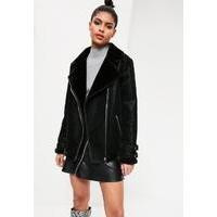 Black Oversized Faux Fur Lined Aviator Jacket, Black | Missguided (UK & IE)