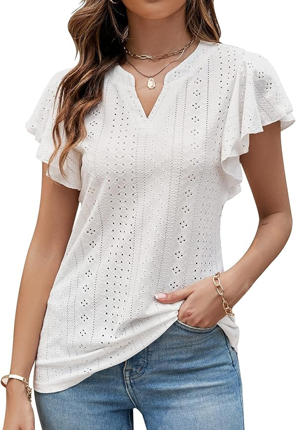 Women Casual Ruffle Short Sleeve Tops Summer V Neck Eyelet Shirts Flowy Dressy Blouses Loose fit ... | Amazon (US)