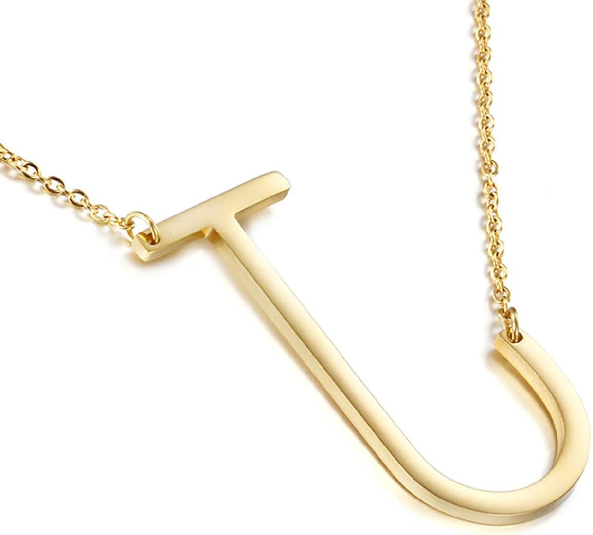Sideways Initial Necklace 18K Gold Plated Stainless Steel Large Big Letters Pendant Necklace Script  | Amazon (US)