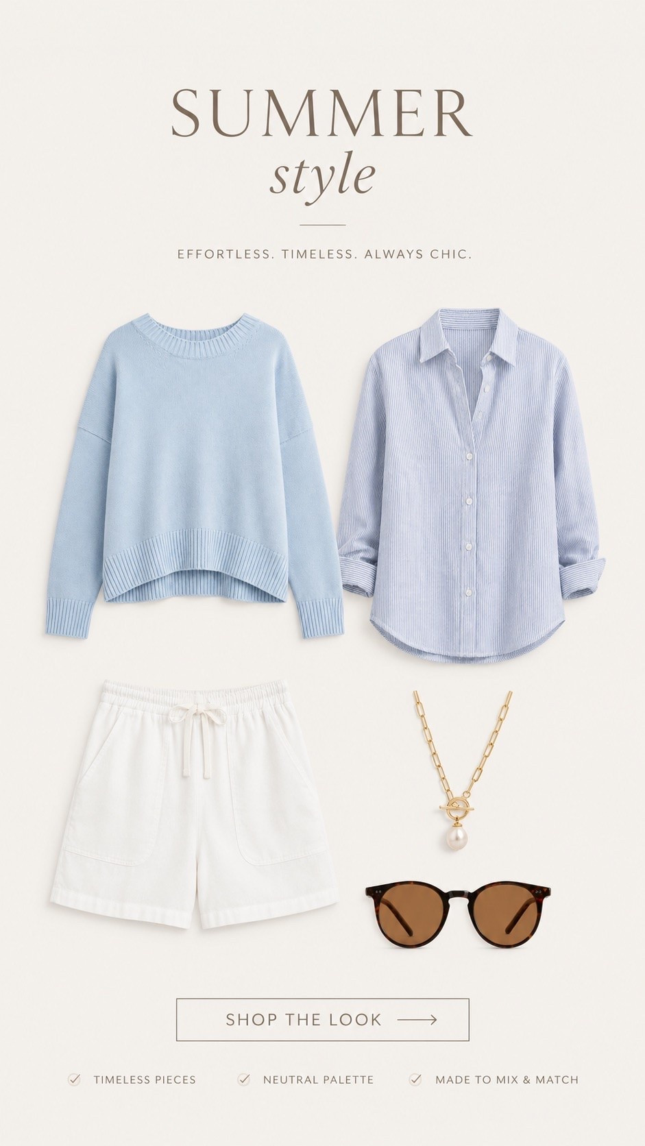 The kind of summer outfit from @Quince  that never goes out of style.

A lightweight striped button down, crisp white shorts, soft blue knit, tortoise sunglasses, and a delicate pearl necklace create the perfect quiet luxury formula. Effortless, timeless, and easy to wear from cool mornings to sunny afternoons. #quincepartner