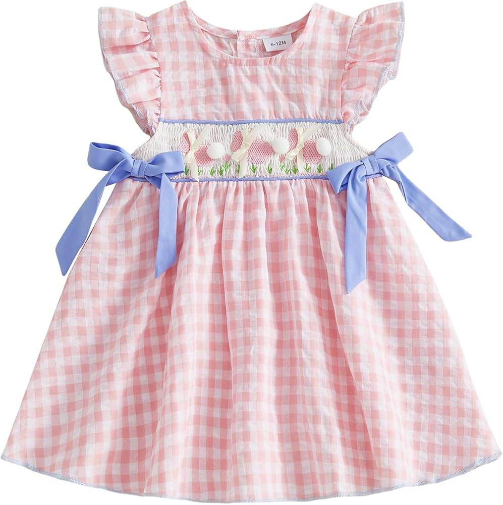 Toddler Little Girl 4th of July Dress USA Fly Sleeve Plaid Smocked Dresses Fourth of July Baby Su... | Amazon (US)