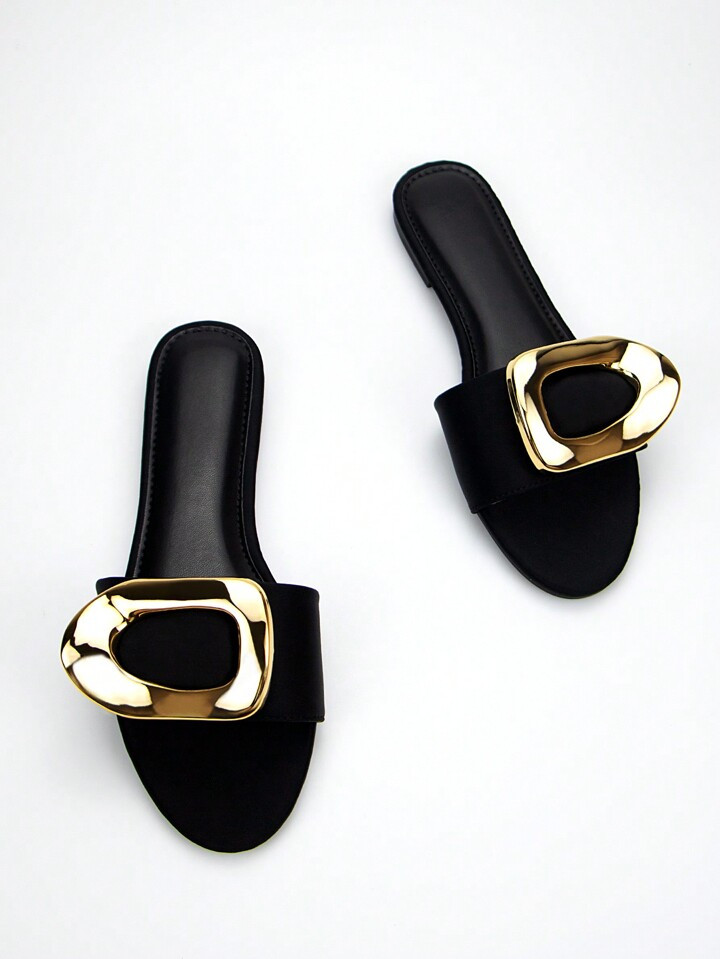 Women's Trendy Gold-Tone Hardware Buckle Embellished Black Lycra Material Comfortable Round Toe F... | SHEIN