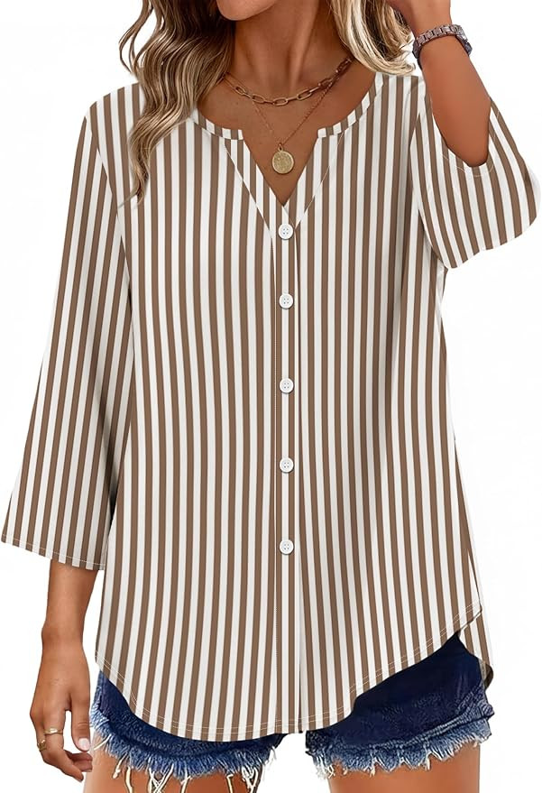 OFEEFAN Button Down Shirts for Women 3/4 Length Sleeve Tops V Neck Blouses Business Casual Outfit... | Amazon (US)