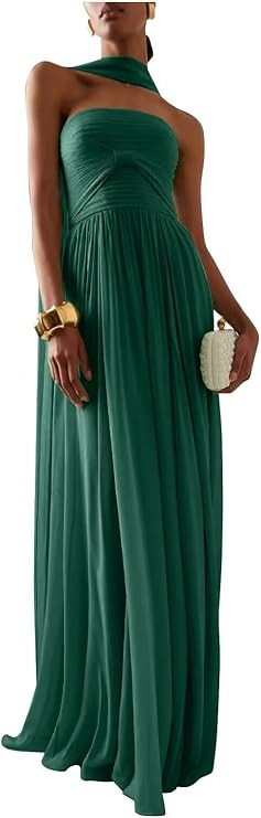 Strapless Chiffon Bridesmaid Dresses for Women 2025 Halter A Line Prom Dress Long Pleated Formal ... | Amazon (US)