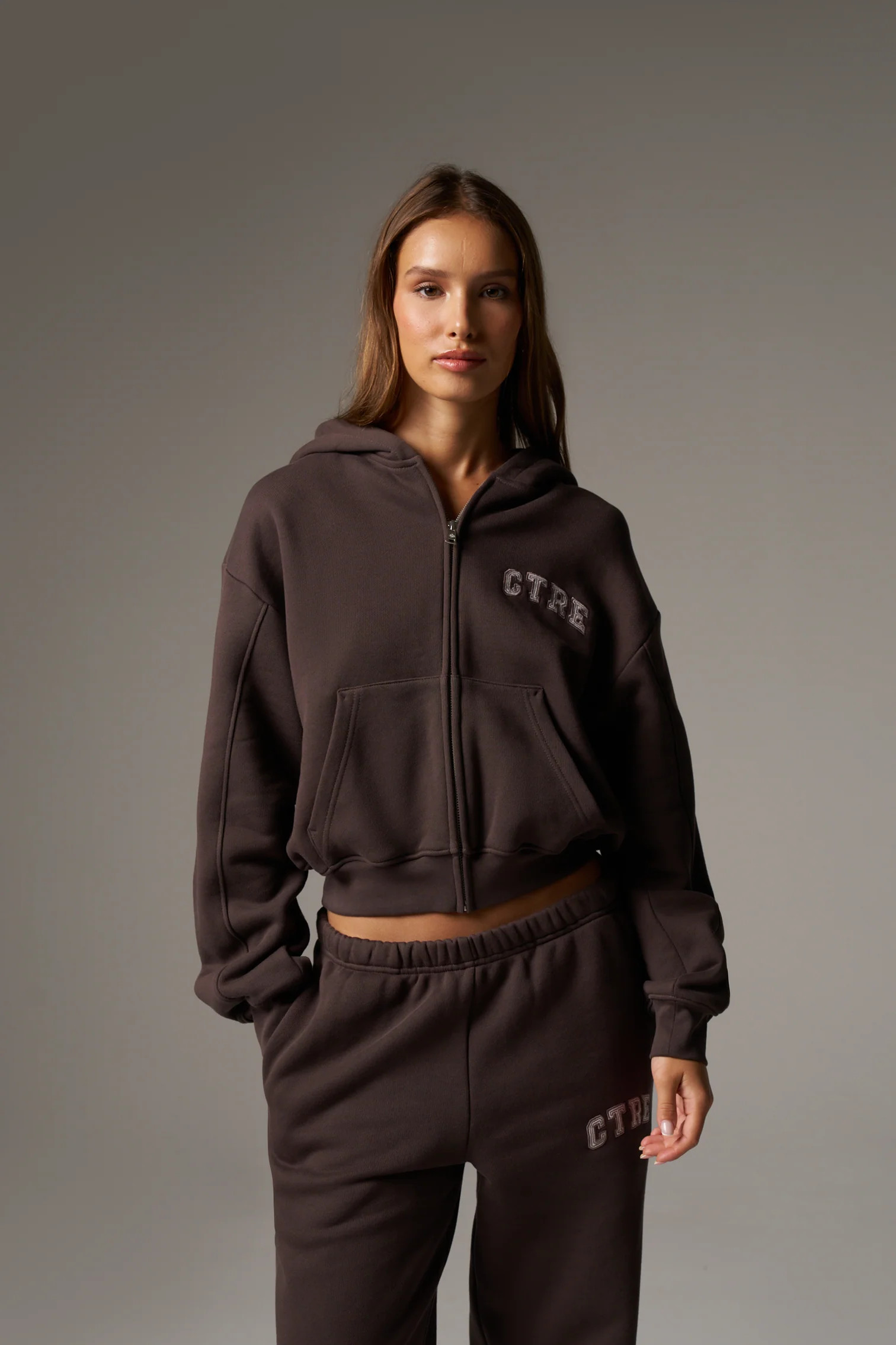 CTRE ZIP THROUGH RELAXED HOODIE - BROWN | The Couture Club