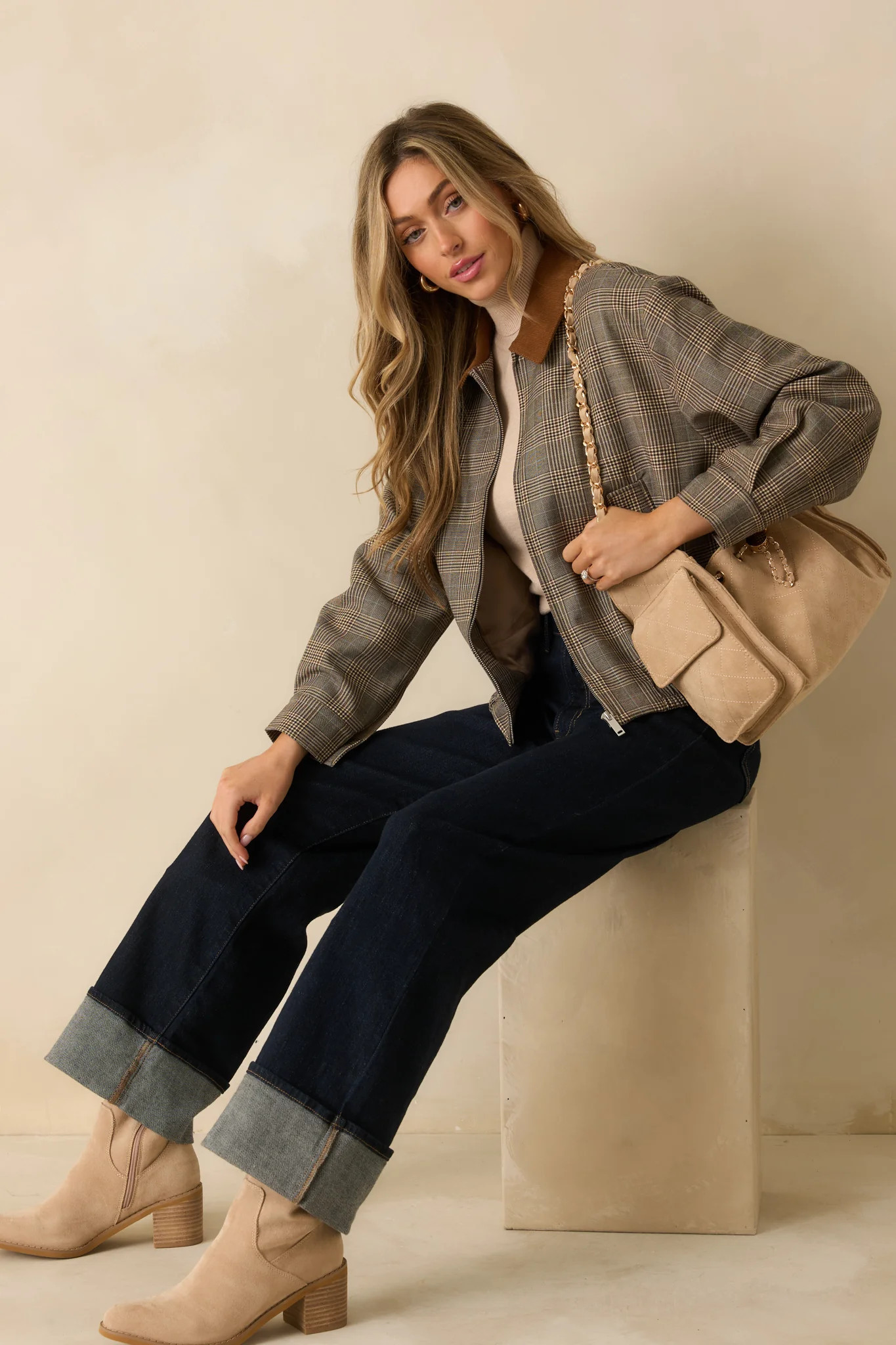 Riding Club Brown Multi Plaid Bomber Jacket | Red Dress