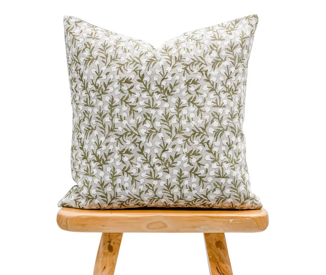 Designer Moss Green Floral Design on Natural Linen Pillow - Etsy | Etsy (US)