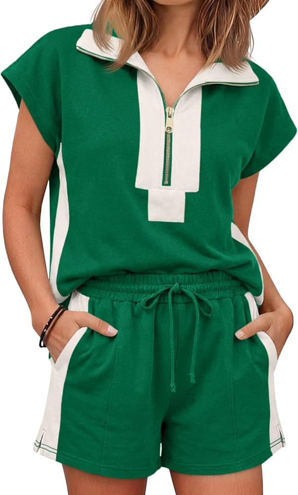Cicy Bell Womens 2 Piece Outfits Summer Half Zip V Neck Cap Sleeve Tops Matching Sets Color Block... | Amazon (US)