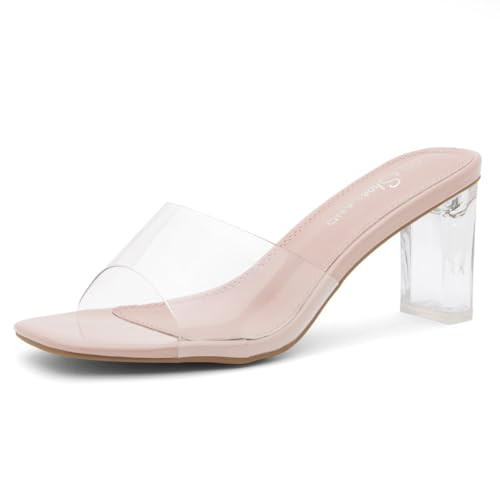 Shoe Land Clear Heels for Women – 3 Inch Chunky Heeled Mules, Transparent Slip-On Square Toe Slides | Dressy Clear Sandals for Wedding, Party & Casual Wear, 2023ClearNude, Size 8.5,SL-Jolene | Amazon (US)