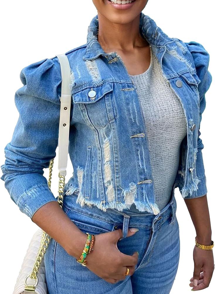 SeekMe Long Puff Sleeve Denim Jacket For Women Short Cropped Jean Jackets Ripped Crop Top | Amazon (US)