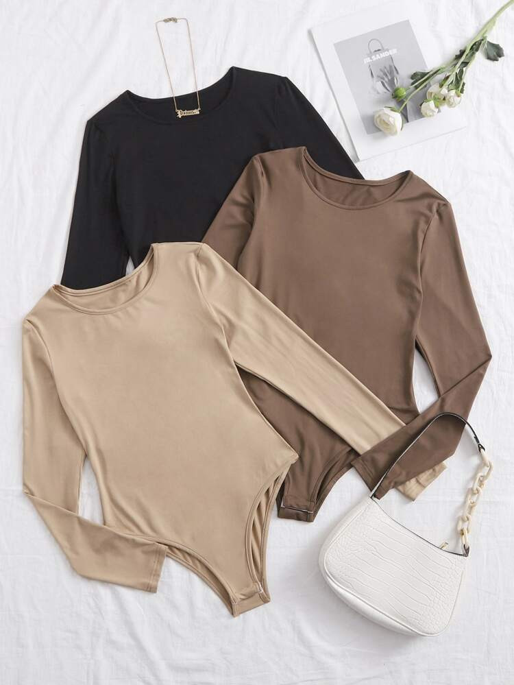 3pcs Solid Tee Bodysuit | SHEIN