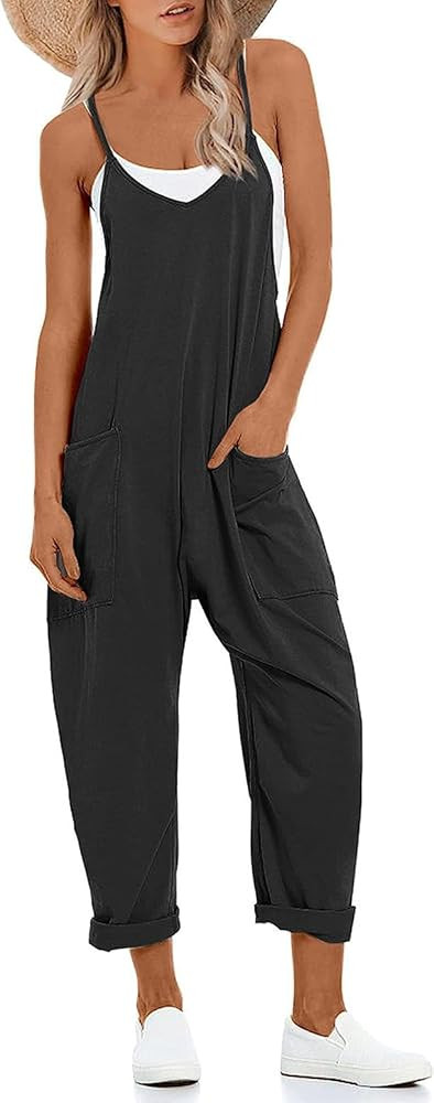 Women's V Neck Sleeveless Jumpsuits Spaghetti Straps Harem Long Pants Overalls With Pockets | Amazon (US)