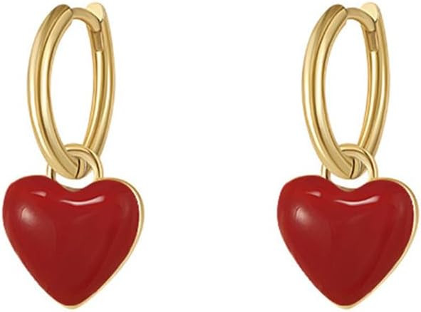 Cute Red Heart Love Dangle Drop Small Huggie Hoop Earrings for Women Vintage Minimalist Gold-tone... | Amazon (US)