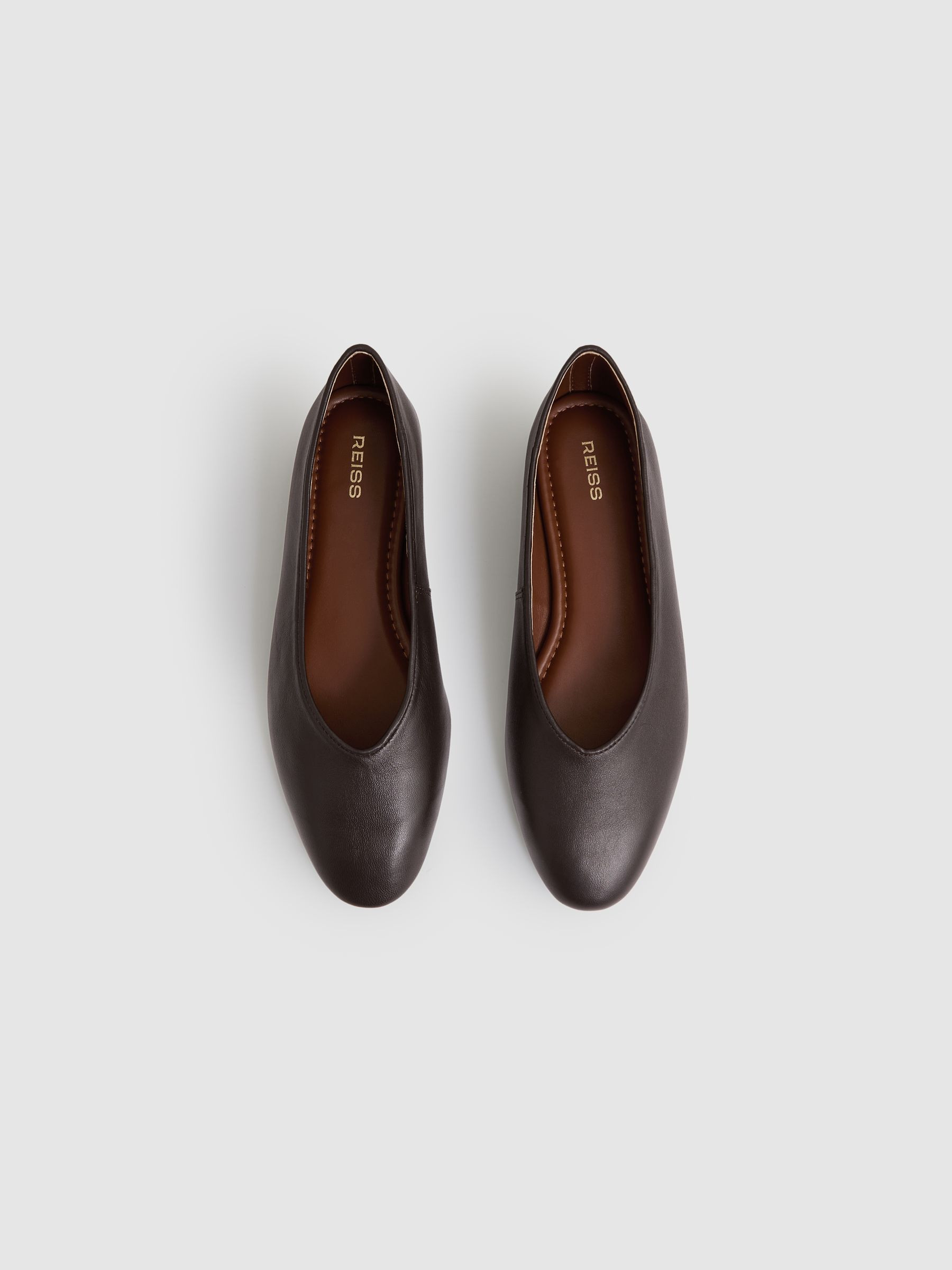 Leather Rounded-Point Toe Ballet Flats in Chocolate | Reiss UK