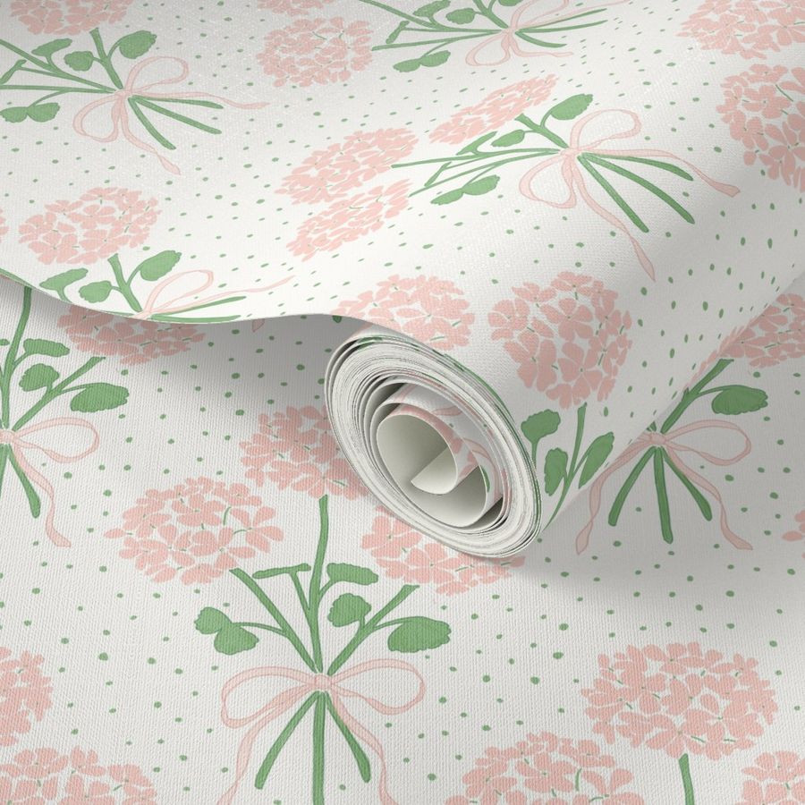 courtney | hydrangeas bouquets with polka dots | pink on off white | Spoonflower
