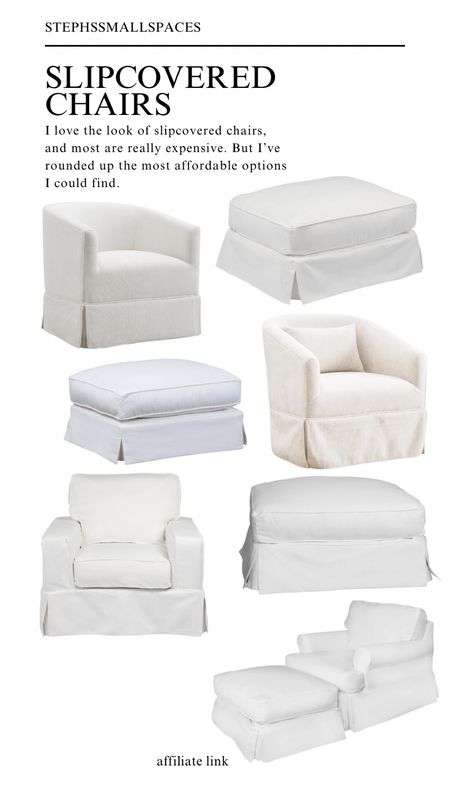 Affordable slipcovered chairs and ottomans from Amazon. 

The set I bought is no longer available, but you’ll see some similar options below.

Living room
Small accent chair
Slipcovered couch and ottoman


#LTKHome #LTKU #LTKStyleTip