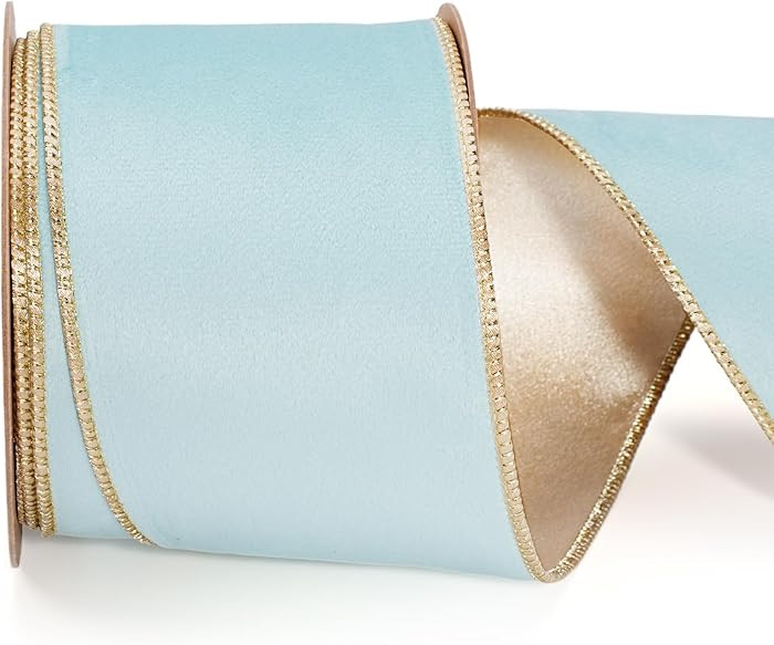 LaRibbons Velvet Ribbon Wired 4 Inch x 10 Yards, Light Blue and Gold for Christmas Tree, Gift Wra... | Amazon (US)
