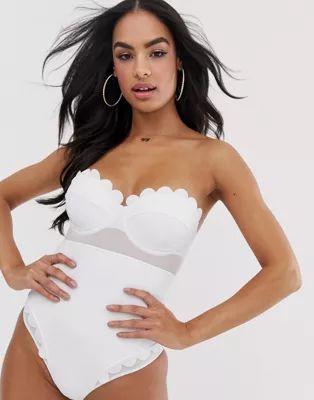 ASOS DESIGN recycled scallop detail mesh insert underwired cupped swimsuit in white | ASOS (Global)