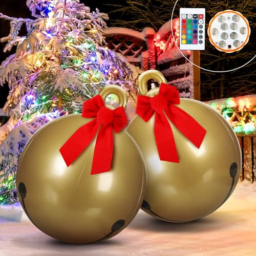 2 Pcs Light up Inflatable Christmas Balls 24 Inch PVC Decorated Ball Xmas Blow up Ball Decorations Outdoor with LED Light and Remote for Yard Lawn Tree Porch Pool (Bell) | Amazon (US)