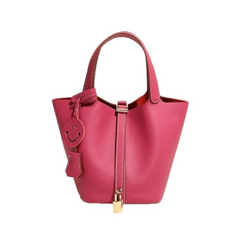 Fashion Genuine Leather Bucket Bag with Inner and Lock Handbag Tote Bag Purses for Shopping Travel Business School(Rose Red) | Amazon (US)