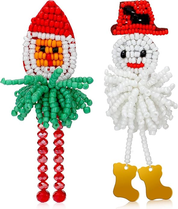2 Pairs Christmas Statement Beaded Drop Earring Dangle Fringe Christmas Jewelry (Red Hat Snowman,... | Amazon (US)
