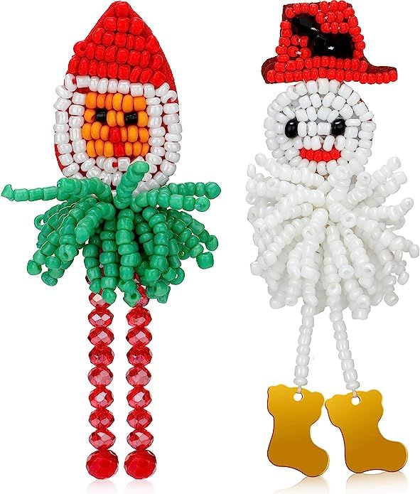 2 Pairs Christmas Statement Beaded Drop Earring Dangle Fringe Christmas Jewelry (Red Hat Snowman,... | Amazon (US)