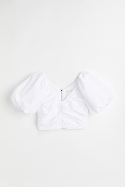 Gathered Puff-sleeved Top - White - Ladies | H&M US | H&M (US + CA)