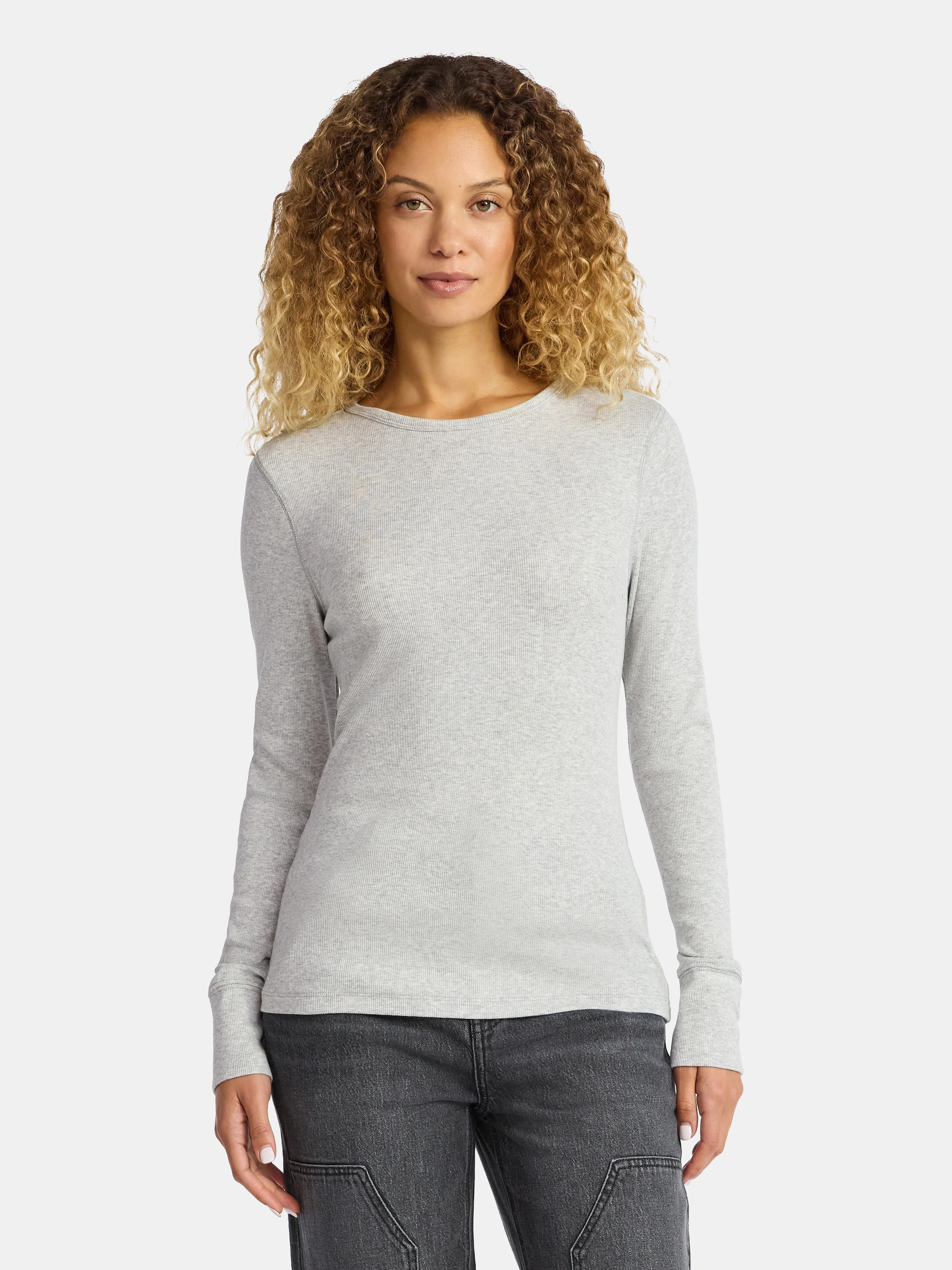 Time and Tru Women's Rib Tee with Long Sleeves, Size XS-XXXL | Walmart (US)